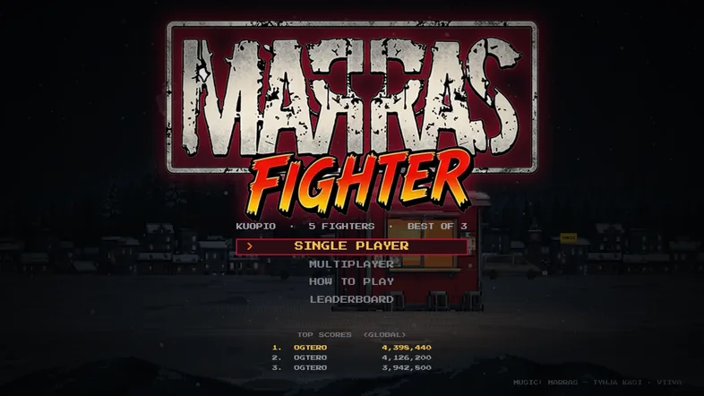 MARRAS FIGHTER -aloitusruutu, jossa valikko ja maailmanlaajuinen tulostaulu.